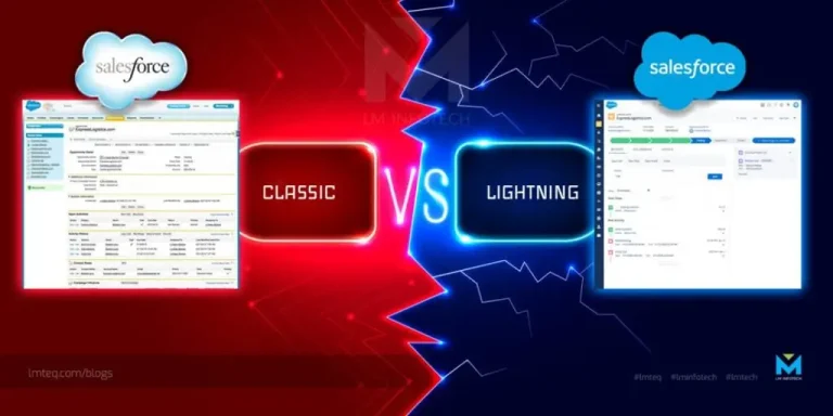 Image comparing Salesforce Classic and Lightning interfaces, highlighting the differences between the two screens.