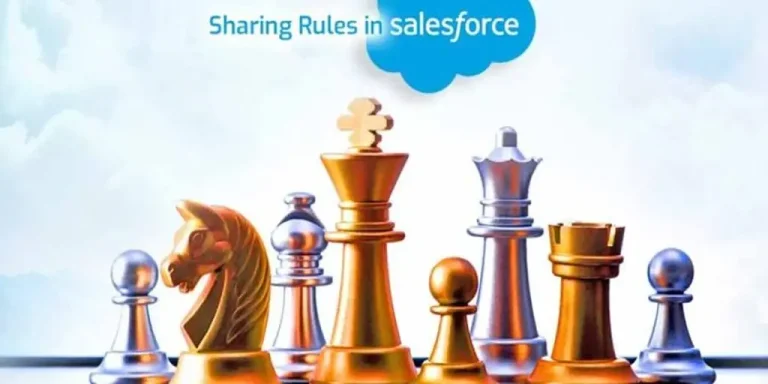 Chess pieces arranged with the phrase "Sharing Rules in Salesforce" illustrating strategic collaboration in sales.