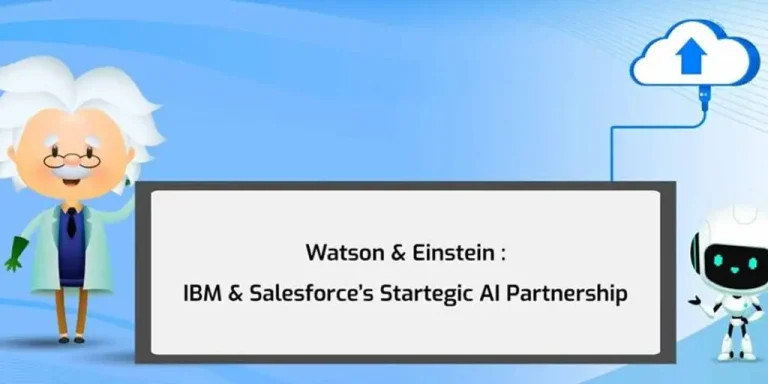 IBM and Salesforce partnership logo featuring Watson and Einstein, symbolizing collaboration in AI and cloud solutions.