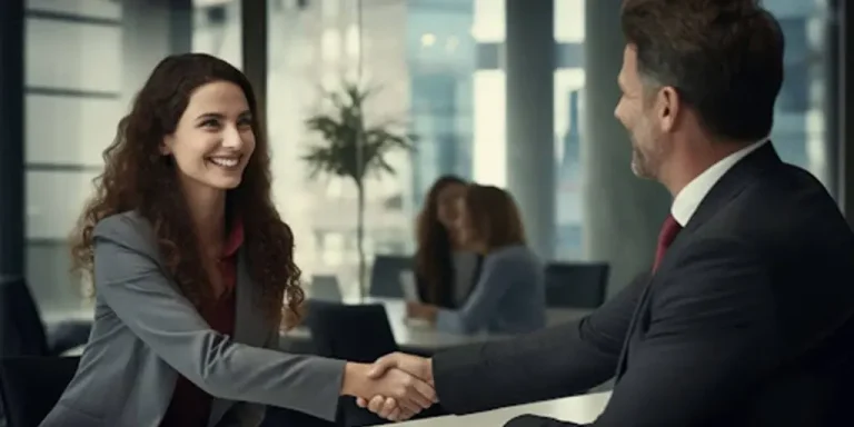 A man and woman shaking hands in an office, symbolizing collaboration in hiring a Salesforce service provider.