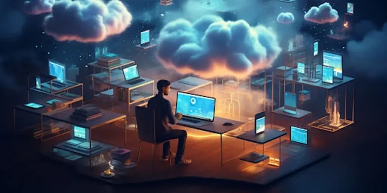 A man using a laptop, illustrating the concept of cloud computing with Salesforce Cloud Services.