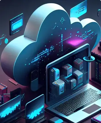 A futuristic scene showcasing LMTEQ's Salesforce Solution with a central cloud symbol surrounded by interconnected devices. Neon blue tones and data streams emphasize a high-tech, connected environment.