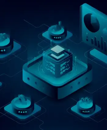 A digital illustration of a cube-shaped processor emitting data links to surrounding graphs and charts on a dark blue background, symbolizing LMTEQ's SAP Solution in a high-tech data network.