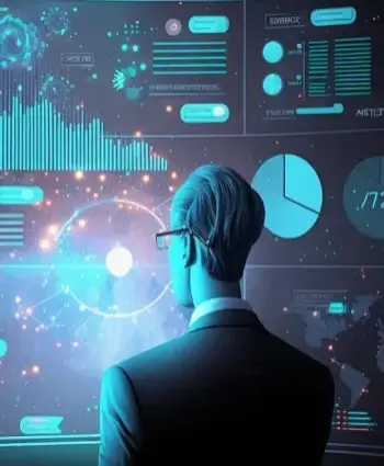 A person in a suit faces a large digital screen with data visualizations and graphs, illuminated in blue and teal, showcasing LMTEQ's high-tech ServiceNow solution.