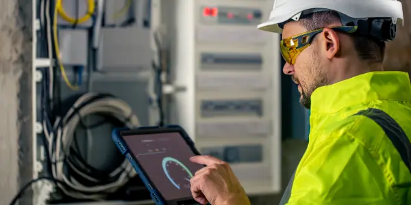 A data center engineer, wearing protective gear, is performing power maintenance for the data center while using a tablet.