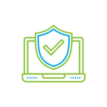 An Icon of a laptop with a shield displaying a checkmark, representing security administration or protection.
