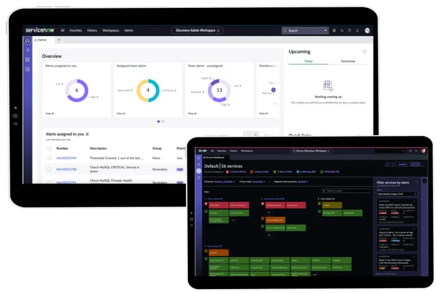 ServiceNow Event Management dashboard showcasing the different alerts filtered by priority to address the issue proactively and improve high availability.