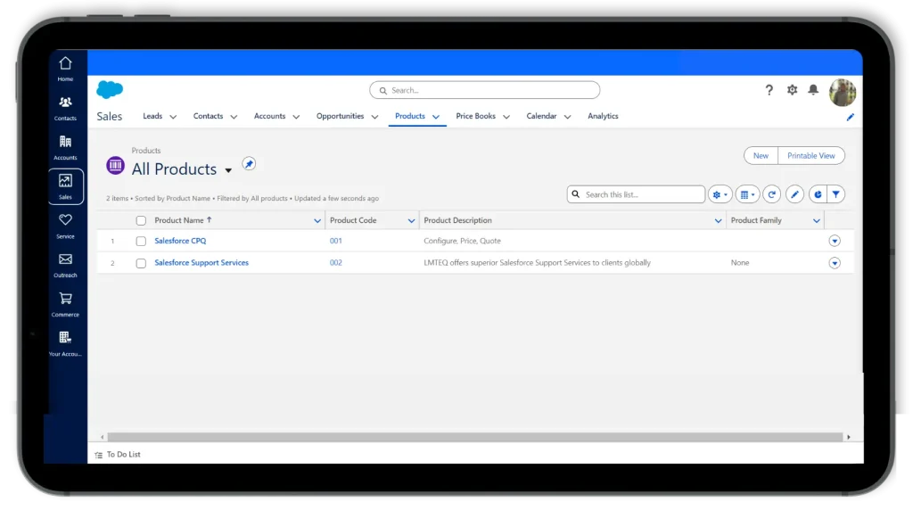 The sales window in Salesforce CPQ instance showcasing the different products in the product catalog section.