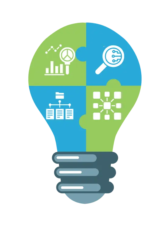 A light bulb is divided into four quadrants. Each quadrant has predictive intelligence features like classification, clustering, similarity, and documentation with dedicated icons.