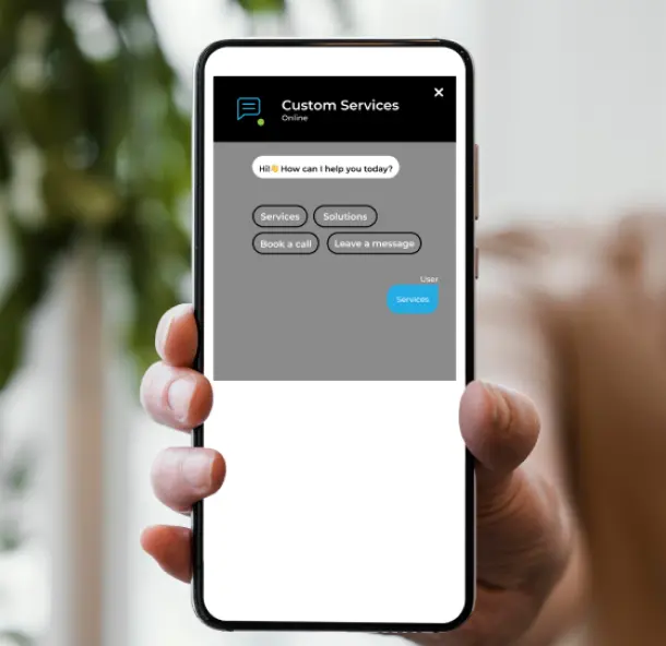 A hand holding a smartphone shows a chat screen for 'Custom Services' with options like 'Services,' 'Solutions,' 'Book a call,' and 'Leave a message,' highlighting ServiceNow FSM capabilities.