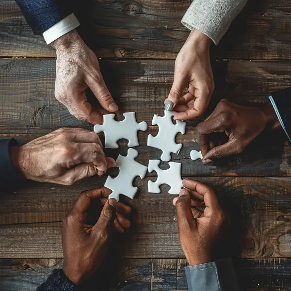 Six diverse hands hold four white puzzle pieces over a wooden table, symbolizing teamwork and collaboration, akin to how ServiceNow FSM unifies workflows.