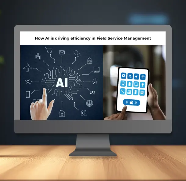 Monitor showing 'How AI is driving efficiency in Field Service Management,' with icons connected to 'AI' and a handheld device displaying app icons, highlighting ServiceNow FSM's role in modernizing operations.