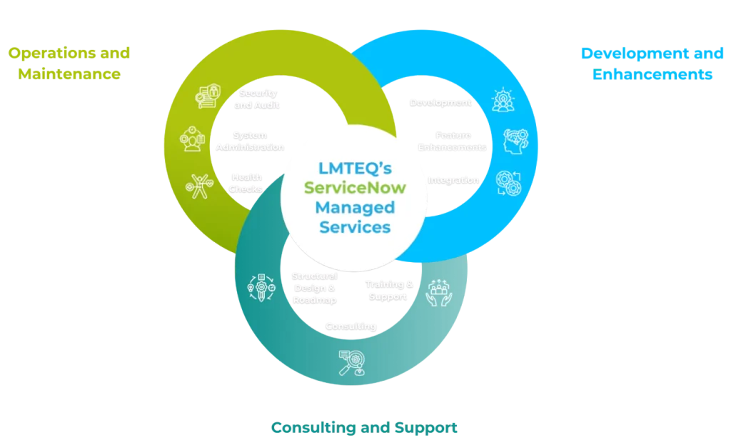 A Venn diagram illustrating the overlap of services provided by LMTEQ: development and enhancement, operations and maintenance, and consulting and support.