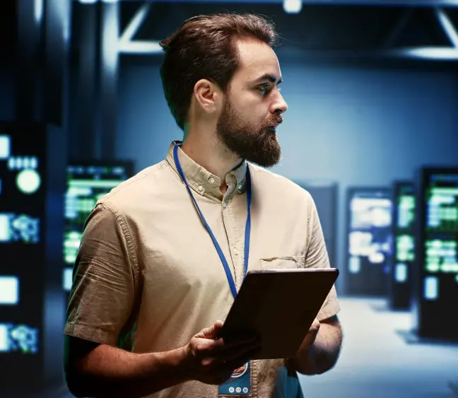 A data center maintenance operator performs the scheduled maintenance by using the checklist on the tablet.