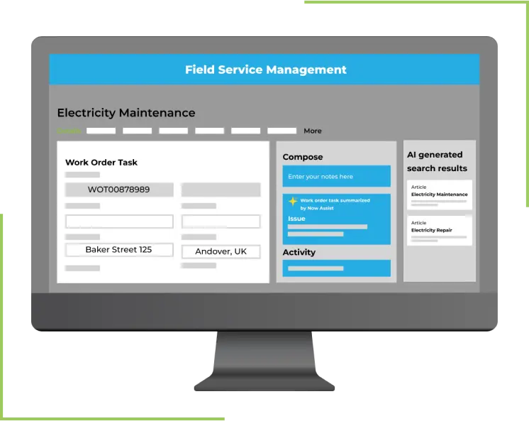 Computer screen showing ServiceNow FSM interface for electricity maintenance, with Work Order Task, Compose box, Activity feed, and AI-generated search results