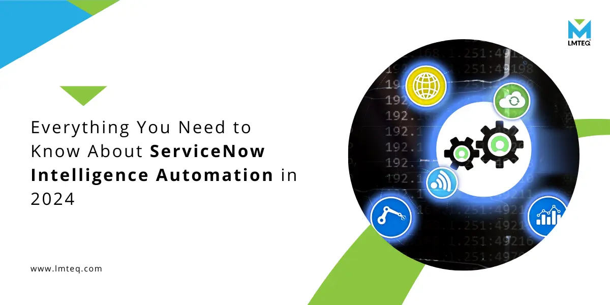 A hand points to a SaaS icon in the center of a digital network diagram, surrounded by icons representing ServiceNow intelligence automation.