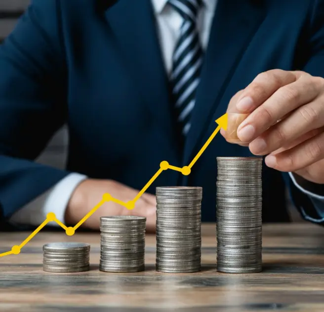 A professional arranging coins from left to right in a manner that each column grows taller, symbolizing growth in financial operations.