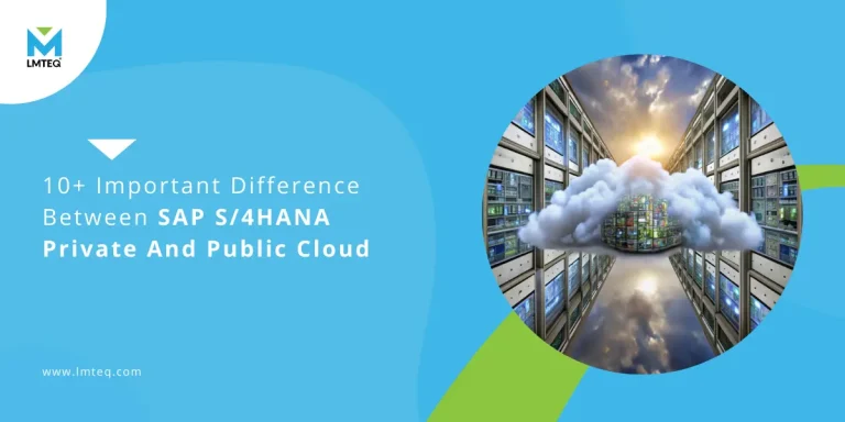 Blue-themed graphic with text: "10+ Key Differences in SAP S/4HANA Private and Public Cloud." Features a circular image of servers with a cloud, reflecting below. Website link: www.lmteq.com.