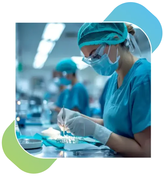 A medical personnel wearing lab safety attire and performing medical testing in a medical lab.