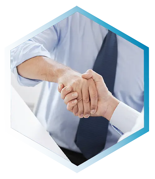 Two individuals shaking hands against a blue background, symbolizing partnership between ServiceNow and LMTEQ.