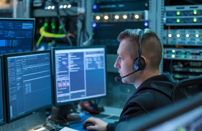 A man working at a computer in a data center, representing ServiceNow Managed Services operations.