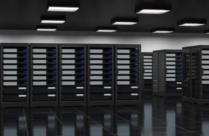 A large server room featuring numerous servers against a blue and green backdrop, representing ServiceNow Data Center Assets.