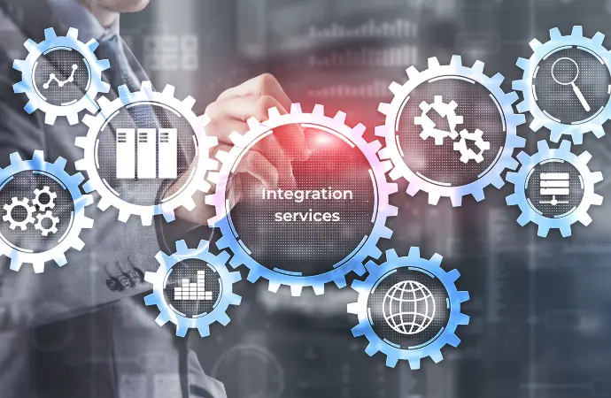 A computer screen displaying gears and icons, representing ServiceNow Integration functionalities and processes.