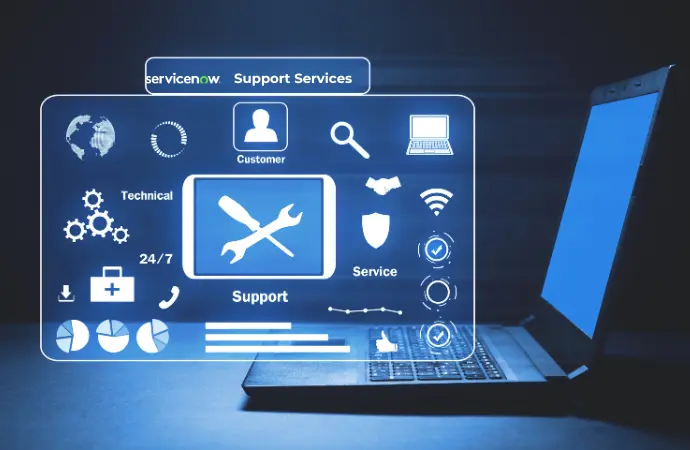 A laptop displaying various icons, symbolizing ServiceNow Support Services and digital solutions.